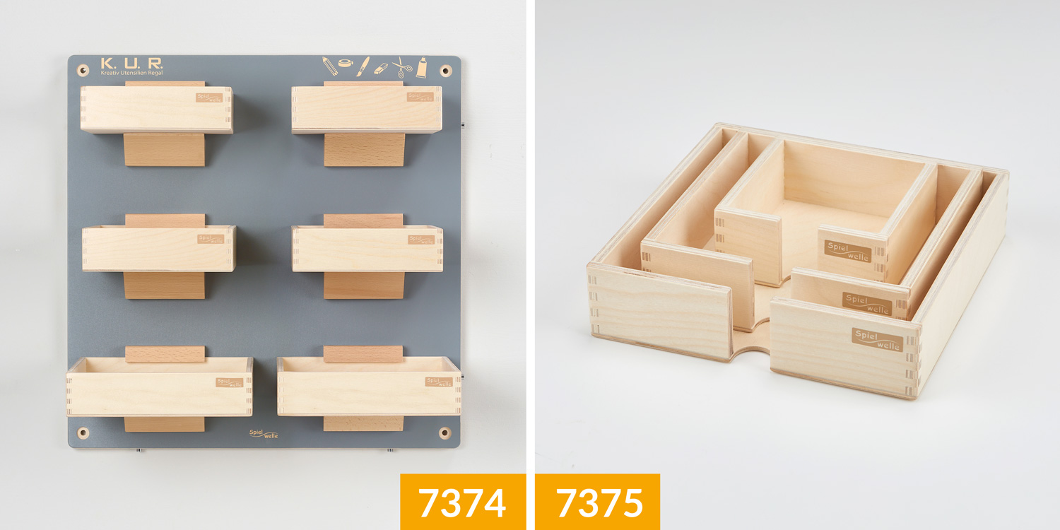 Der Lieferumfang von K.U.R. ist die Regalwand mit 6 Holzboxen in 2 Größen und 4 Schrauben. Das Ergänzungsset besteht aus 3 Holzboxen in 3 Größen.